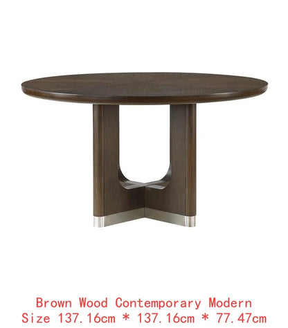 Modern Brown Finish 7-Piece Dining Set with Round Table and 6 Beige Upholstered Side Chairs.