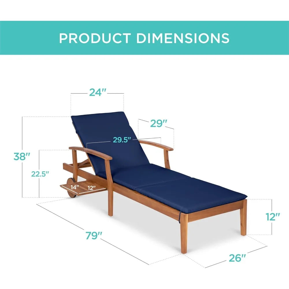 Acacia Wood Chaise Lounge Chair Recliner, Outdoor Furniture for Patio, Poolside w/Slide-Out Side Table.