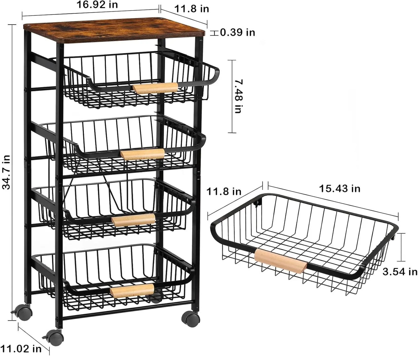 5-Tier Rolling Kitchen Cart with Wooden Top, Metal Mesh Baskets for Storage & Wheels.