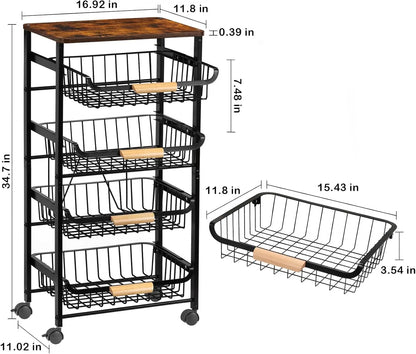 5-Tier Rolling Kitchen Cart with Wooden Top, Metal Mesh Baskets for Storage & Wheels.
