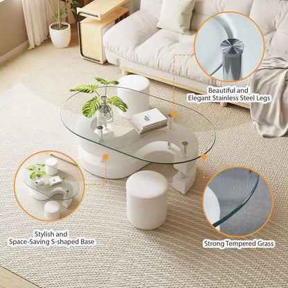 3-Piece Glass Coffee Table Set with Tempered Glass Top and S-Shaped Base, Including 2 Leather Stools.