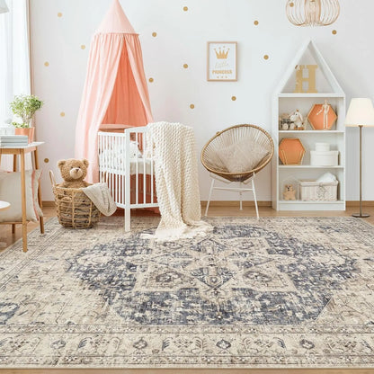 Washable 9x12 Vintage Oriental Area Rug for Living Room Bedroom, Non-Slip and Spill-Resistant
