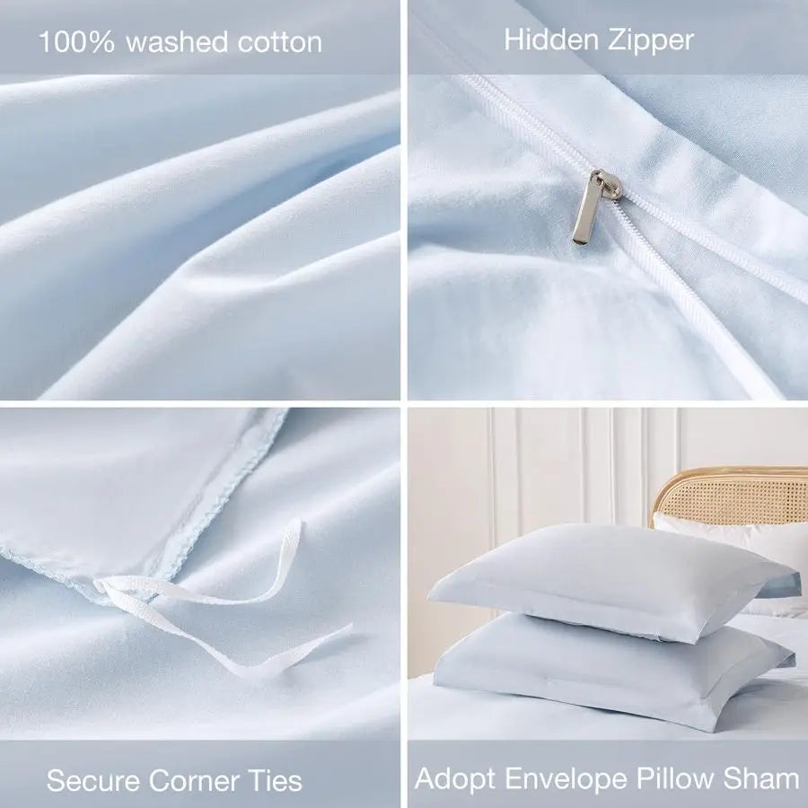 Light Blue 100 Washed Cotton Linen Like Duvet Cover Set Queen Size, 3 Pieces, and 2 Pillow Shams.
