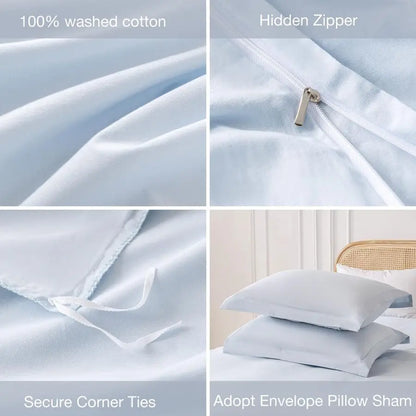 Light Blue 100 Washed Cotton Linen Like Duvet Cover Set Queen Size, 3 Pieces, and 2 Pillow Shams.