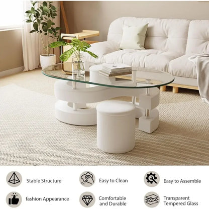3-Piece Glass Coffee Table Set with Tempered Glass Top and S-Shaped Base, Including 2 Leather Stools.