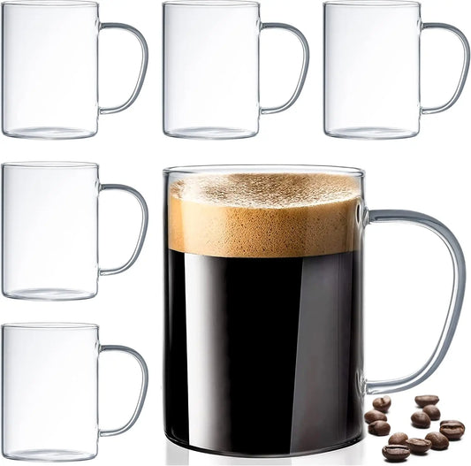 6-Piece Clear Borosilicate Glass Coffee Mugs Set, Dishwasher & Microwave Safe.