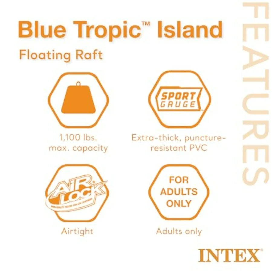 Blue Tropic Inflatable 5 Person Raft with Backrests Built-in Cooler and 4 Cupholders for Swimming Pool.
