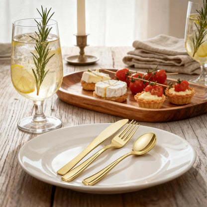 300-Piece Gold Plastic Silverware Set: Heavy Duty Disposable, with Forks, Spoons, Knives for Parties.