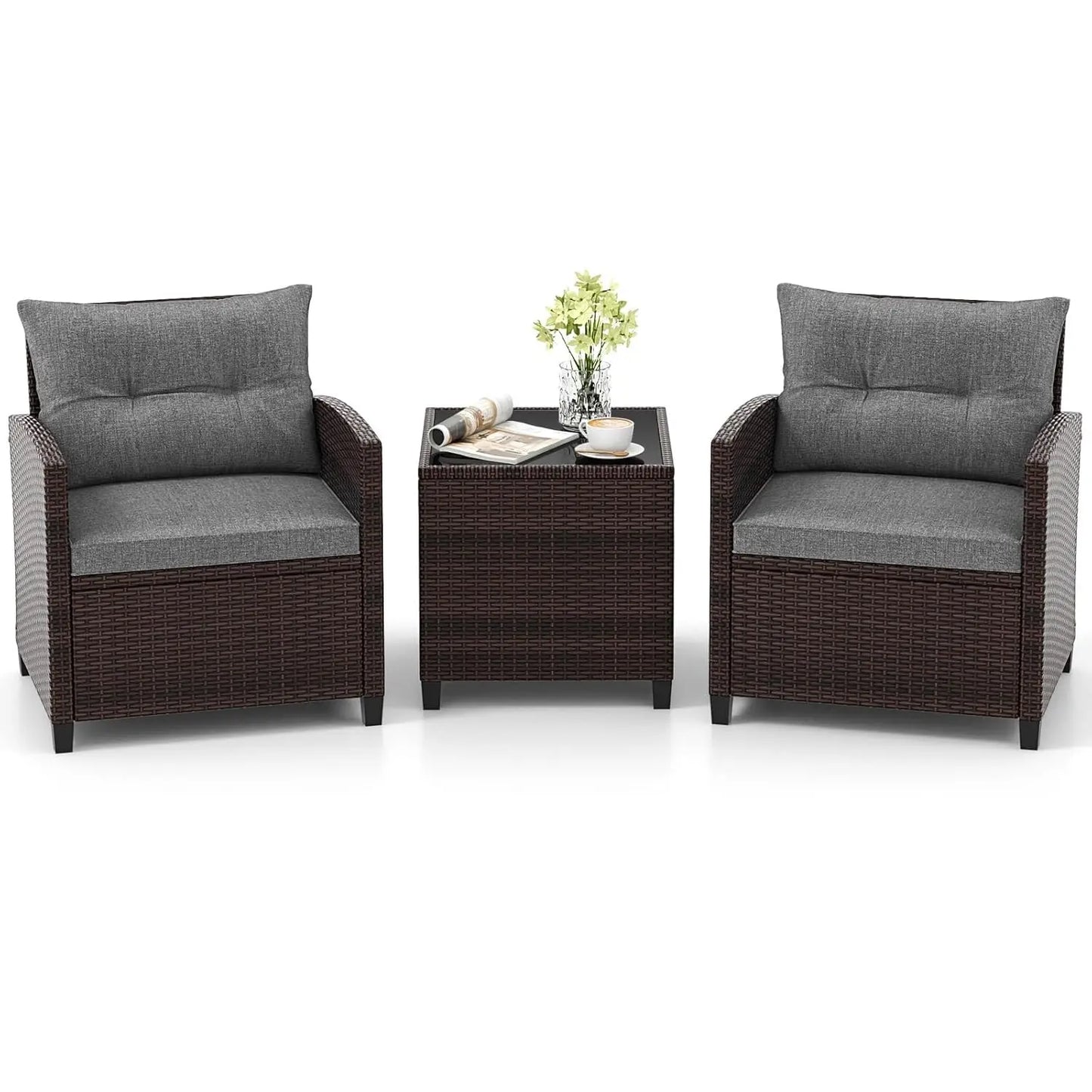 3 Pieces Patio Furniture Set, PE Rattan Wicker Outdoor Sofa Set w/Washable Cushion and Tempered Glass.