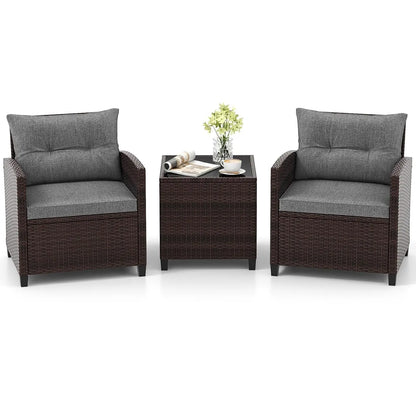 3 Pieces Patio Furniture Set, PE Rattan Wicker Outdoor Sofa Set w/Washable Cushion and Tempered Glass.