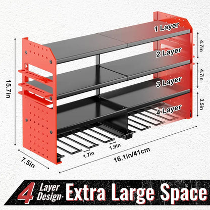 Metal Power Tool Organizer Wall Mount with Screwdriver Holder, Storage Shelves for Drills & Pliers.