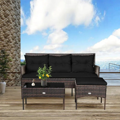 3-Piece Rattan Wicker Patio Sofa Set with 5 Cushions, Tempered Glass Top for Outdoor Living