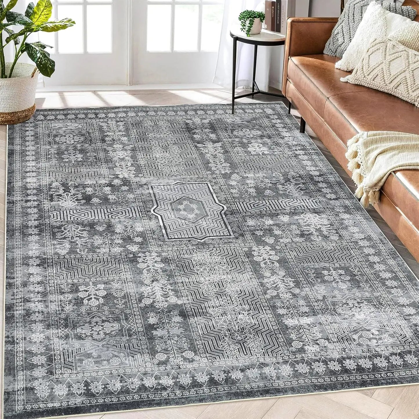 Large Vintage Washable Area Rug for Living Room Floral Print Carpet, Low Pile Foldable.