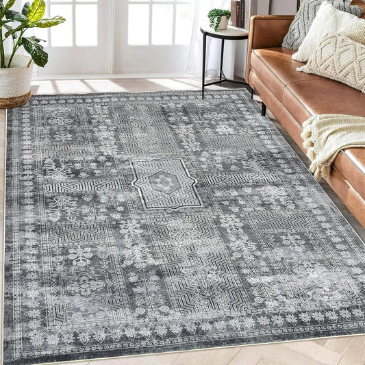 Large Vintage Washable Area Rug for Living Room Floral Print Carpet, Low Pile Foldable.