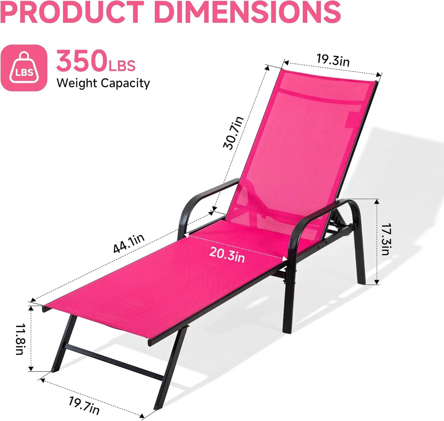 Adjustable Outdoor Chaise Lounge Chair with Armrests, 5 Positions, Metal Frame for Patio Poolside.