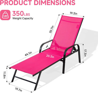 Adjustable Outdoor Chaise Lounge Chair with Armrests, 5 Positions, Metal Frame for Patio Poolside.