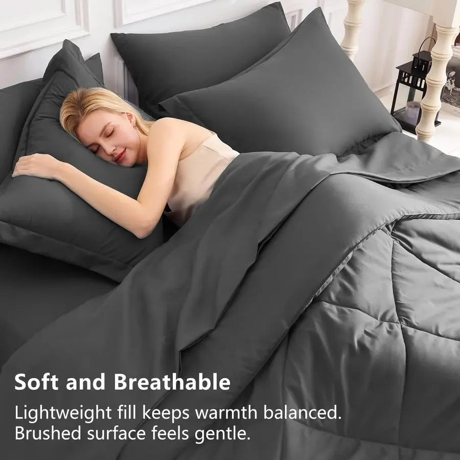 Queen Comforter Set Dark Grey Bed in a Bag Queen Size 7 Pieces, Luxury Soft Bed Set for All Seasons.