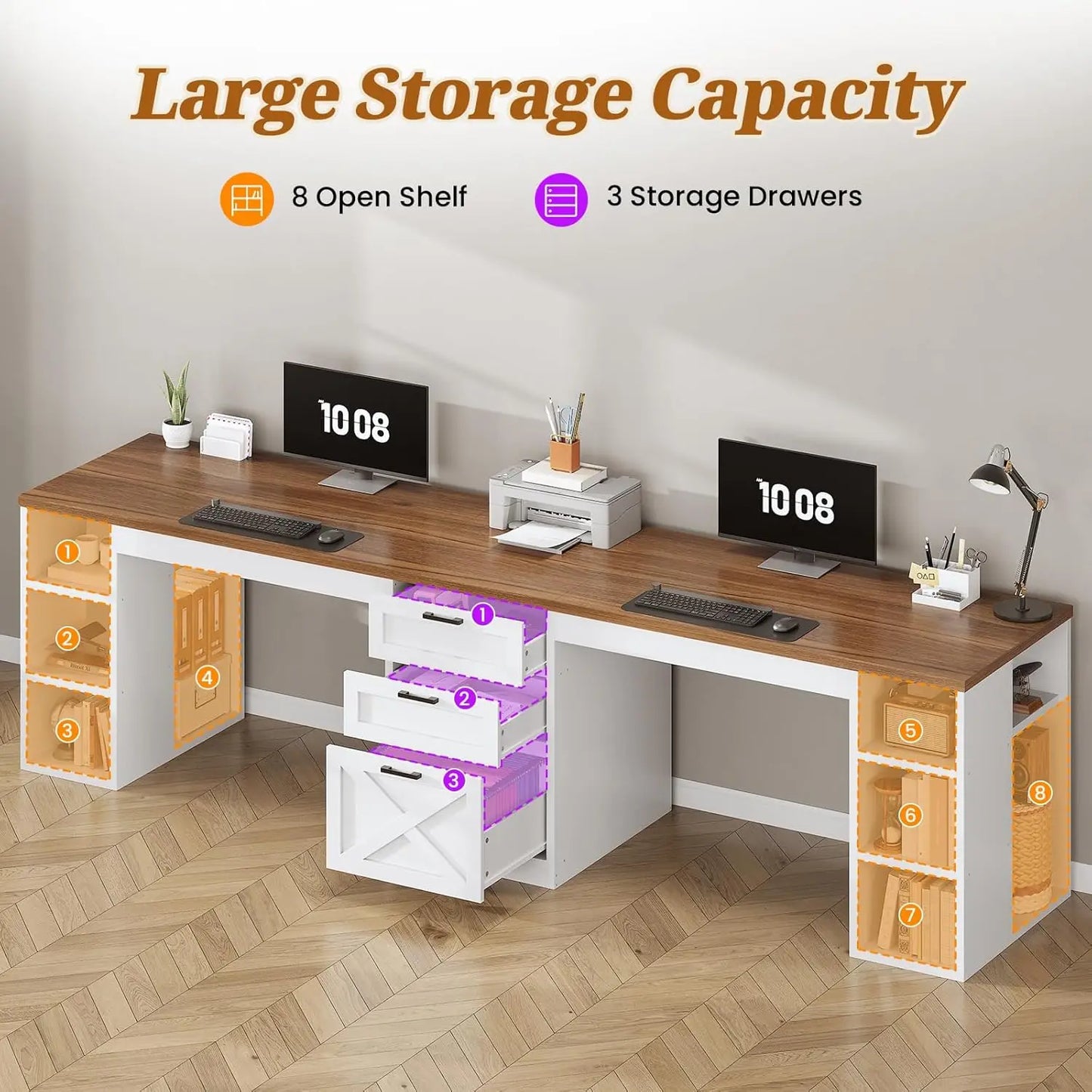 96.5" Computer Desk with Drawers,2 Person Home Office Desk, Double Desk with Storage Shelves.