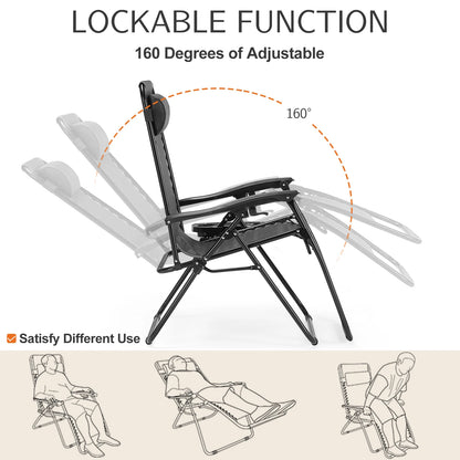 Zero Gravity Set of 2 Portable Recliner, Patio Outdoor Lounge Chair with Cup Holder, Adjustable Pillow.