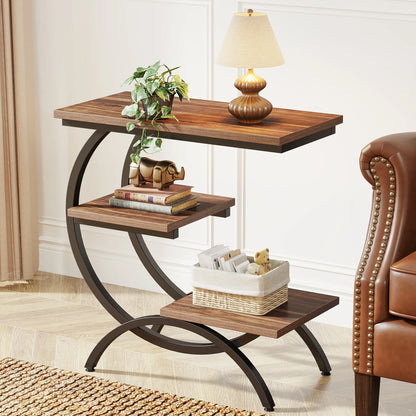 Tribesigns C-Shaped End Table, Industrial 3-Tier Small Table, Wood Bedside Table, with Storage Shelves.