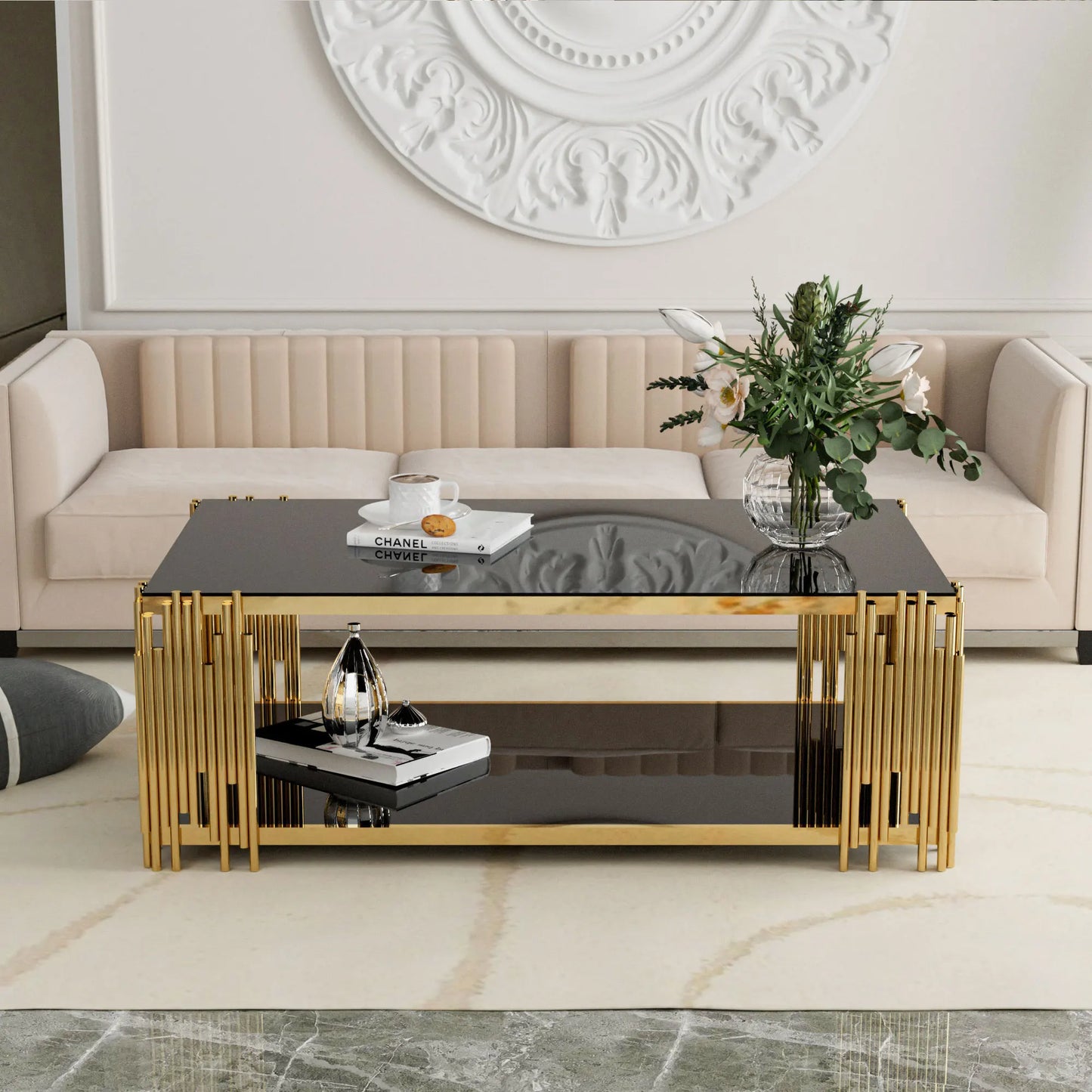 Stainless Steel Rectangle Glass Coffee Table for Living Room.