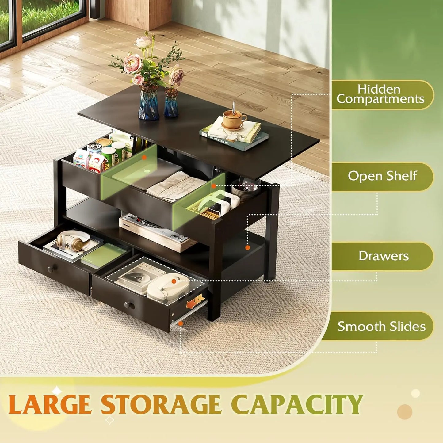 Lift Top Coffee Table with 2 Drawers, Large Storage and Open Shelf for Living Room in Black