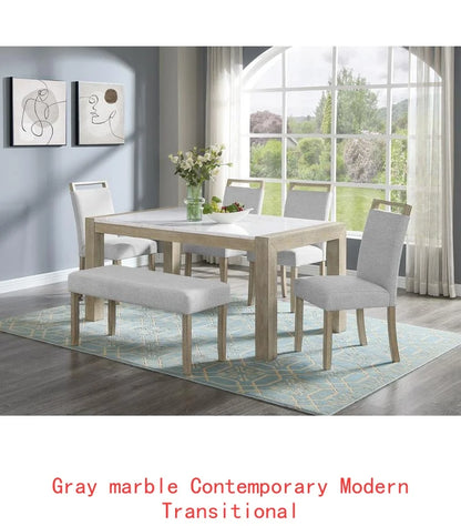 Contemporary 7pc Dining Set with White Faux Marble Rectangular Table and Full Back Upholstered Chairs.