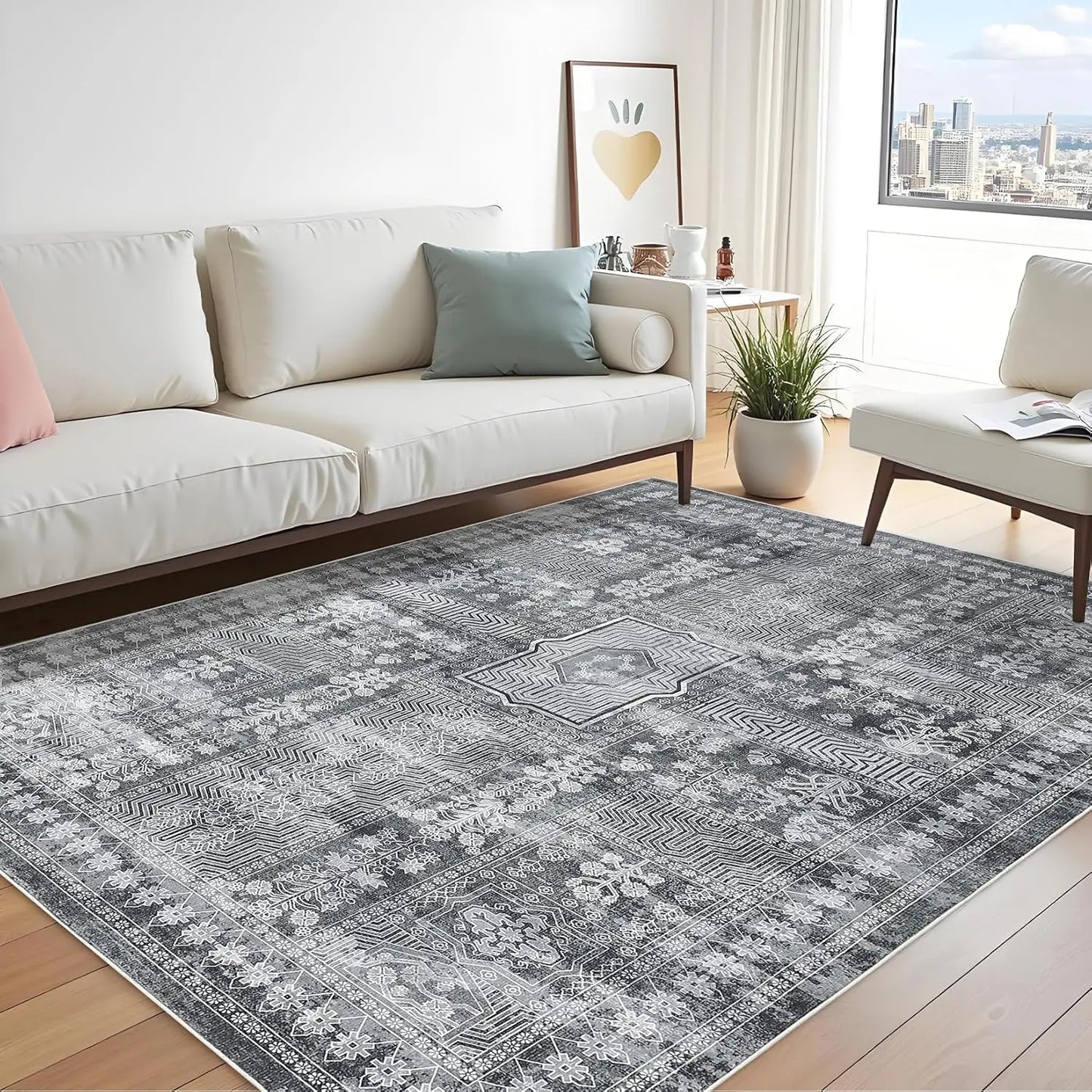 Large Vintage Washable Area Rug for Living Room Floral Print Carpet, Low Pile Foldable.