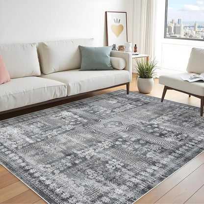Large Vintage Washable Area Rug for Living Room Floral Print Carpet, Low Pile Foldable.