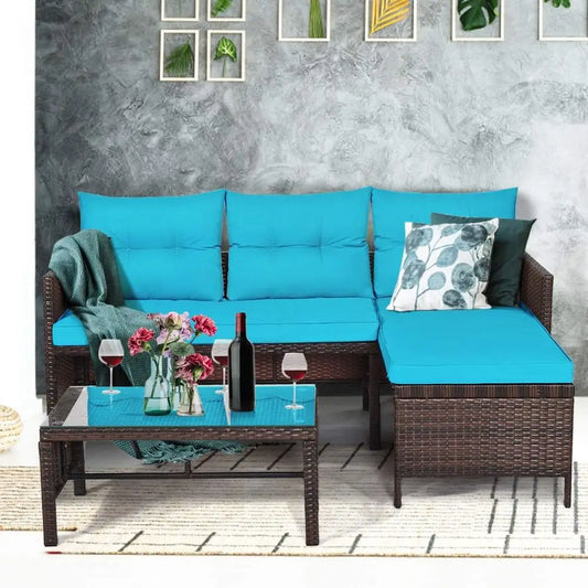 3-Piece Outdoor Rattan Sofa Set with Lounge Chaise and Loveseat Table for Patio.