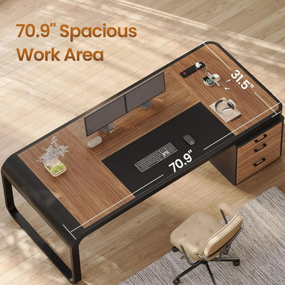 70.9" Executive Desk, Large Computer Desk with Drawers and Lateral File Cabinet.