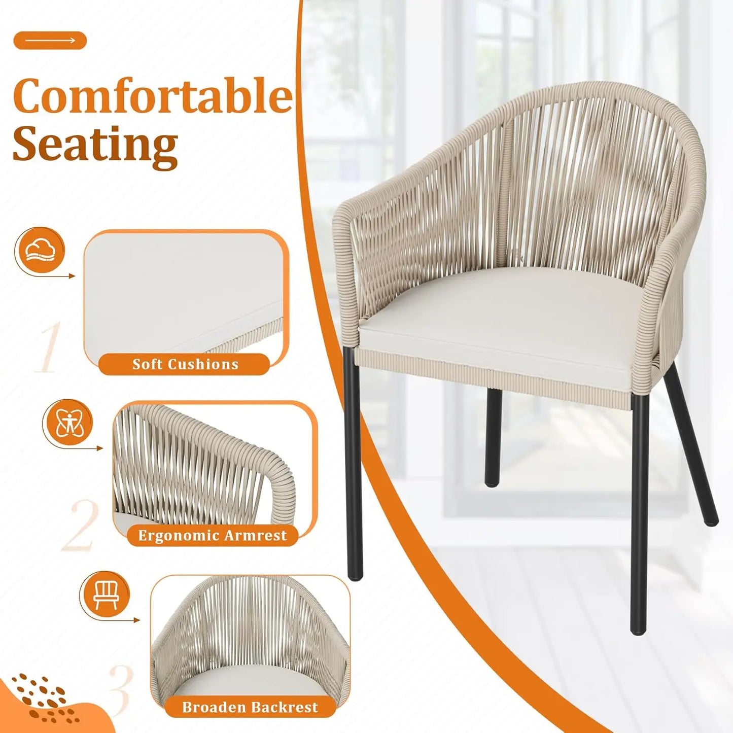 Patio Furniture Set 3 Pcs Rope Woven Bistro Set Outdoor Set, 2 Wide Chairs, Cushions & Tempered Glass Table