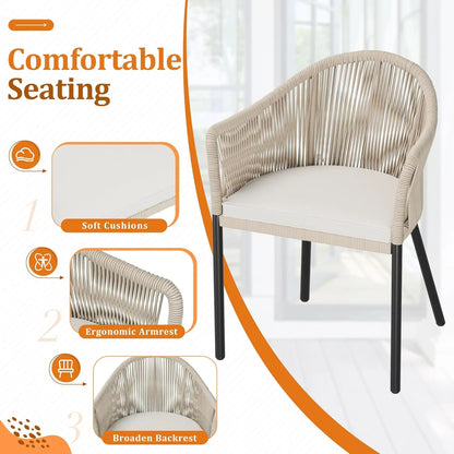Patio Furniture Set 3 Pcs Rope Woven Bistro Set Outdoor Set, 2 Wide Chairs, Cushions & Tempered Glass Table
