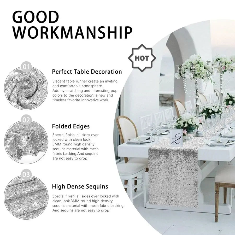 Packs 12 x 72 inches Silver Sequin Table Glitter Runner.