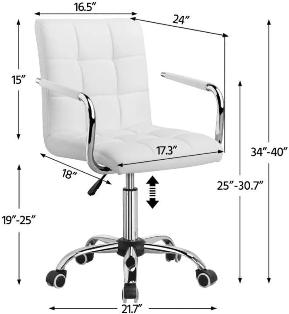 White Desk Chairs with Wheels/Armrests Modern PU Leather Office Chair Midback Adjustable Home Executive Chair 360°