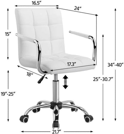 White Desk Chairs with Wheels/Armrests Modern PU Leather Office Chair Midback Adjustable Home Executive Chair 360°