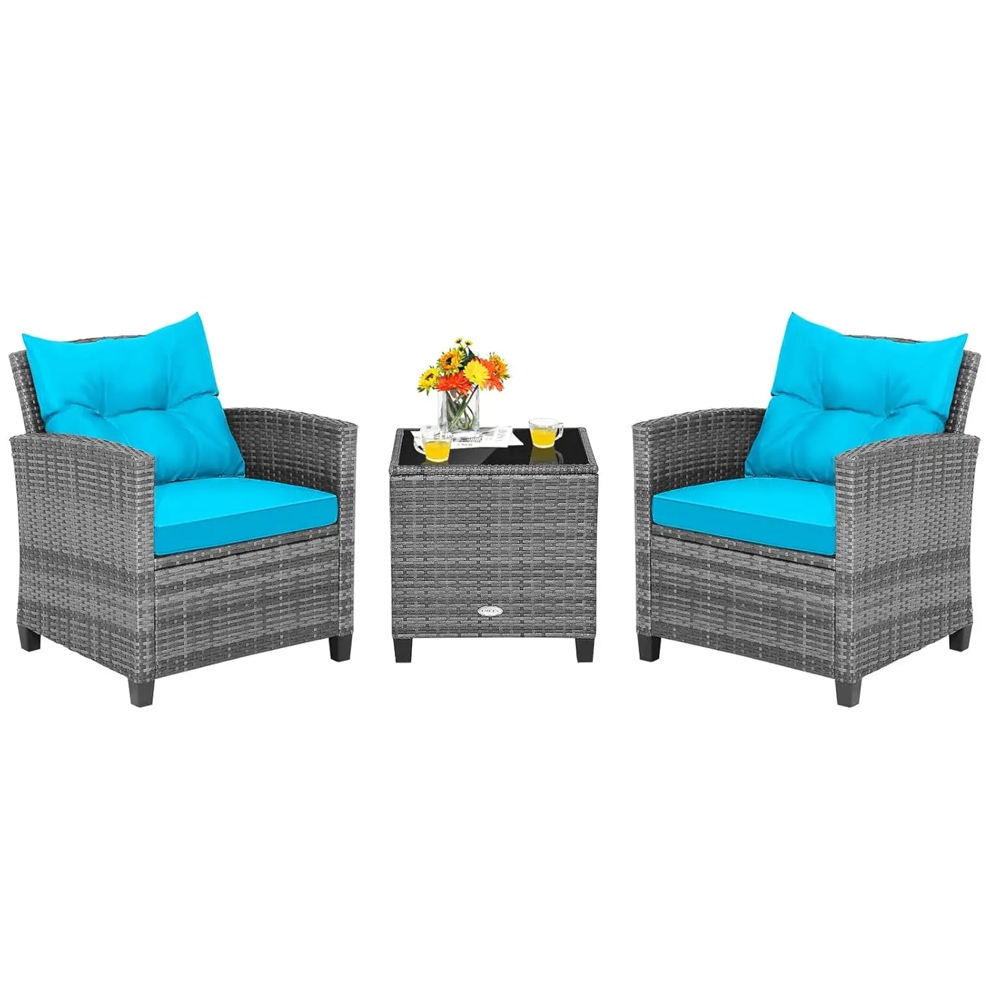 3 Pieces Patio Furniture Set, PE Rattan Wicker Outdoor Sofa Set w/Washable Cushion and Tempered Glass.