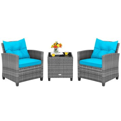 3 Pieces Patio Furniture Set, PE Rattan Wicker Outdoor Sofa Set w/Washable Cushion and Tempered Glass.
