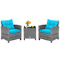 3 Pieces Patio Furniture Set, PE Rattan Wicker Outdoor Sofa Set w/Washable Cushion and Tempered Glass.