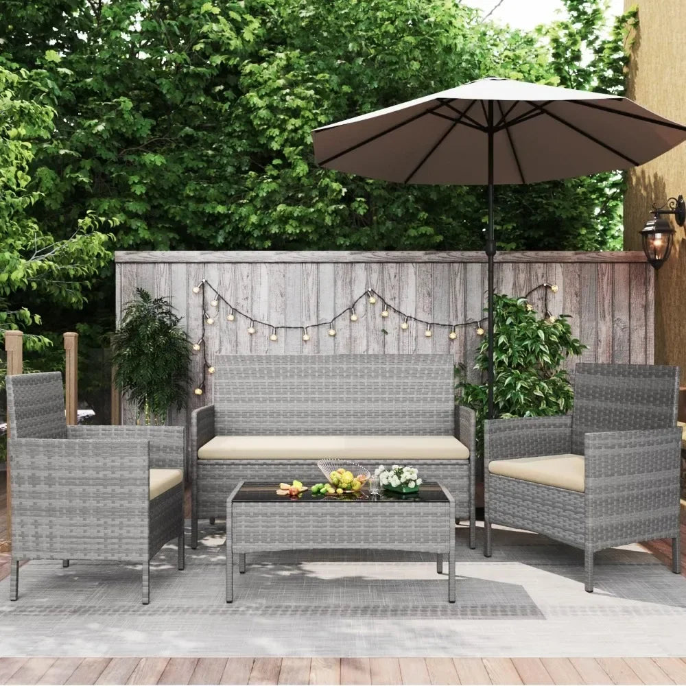 patio furniture 4 pieces conversation set outdoor wicker rattan chairs & Table.