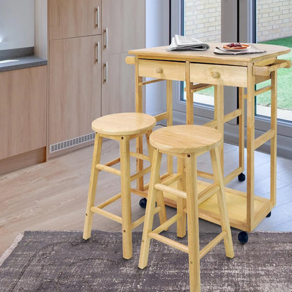 Drop Leaf Breakfast Cart with 2 Stools, Natural Wood, Space-Saving Kitchen Furniture
