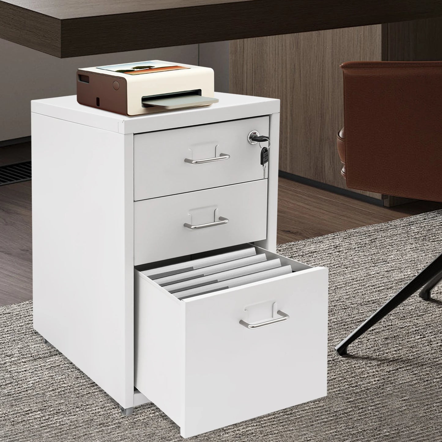 3 Tiers Rectangular Steel Vertical File Cabinet, Metal Mobile File Cabinet with Lock for Office, Study.