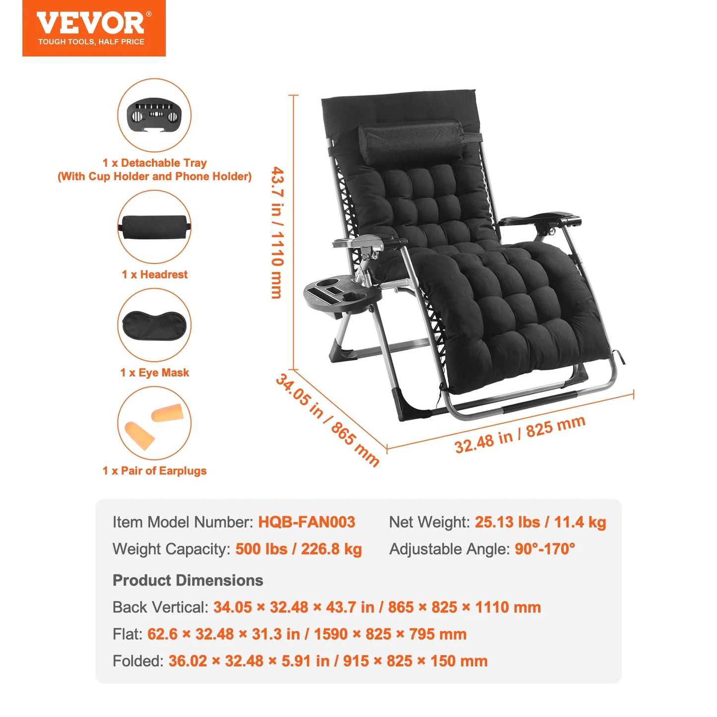 Zero Gravity Chair, Recliner Lounge Chair Adjustable with Cushion Footrest & Cupholder.