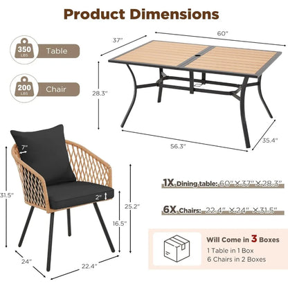 5/7/9-Piece All-Weather Rattan Patio Dining Set with 60" Wood Tabletop & Umbrella Hole.