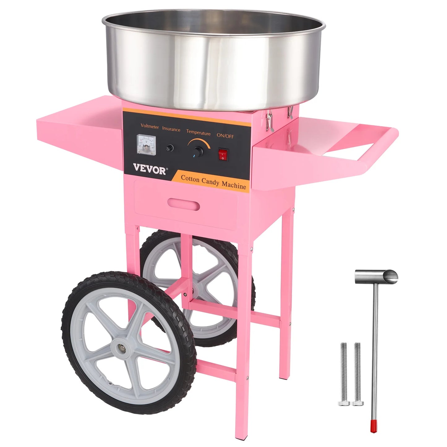 Electric Cotton Candy Machine with Cart 1000W Commercial, Stainless Steel Bowl, Sugar Scoop & Drawer