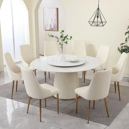 Modern Sintered Stone Dining Table Set with Round Turntable and 8 Chairs on Exquisite Pedestal