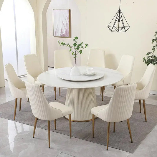 Modern Sintered Stone Dining Table Set with Round Turntable and 8 Chairs on Exquisite Pedestal