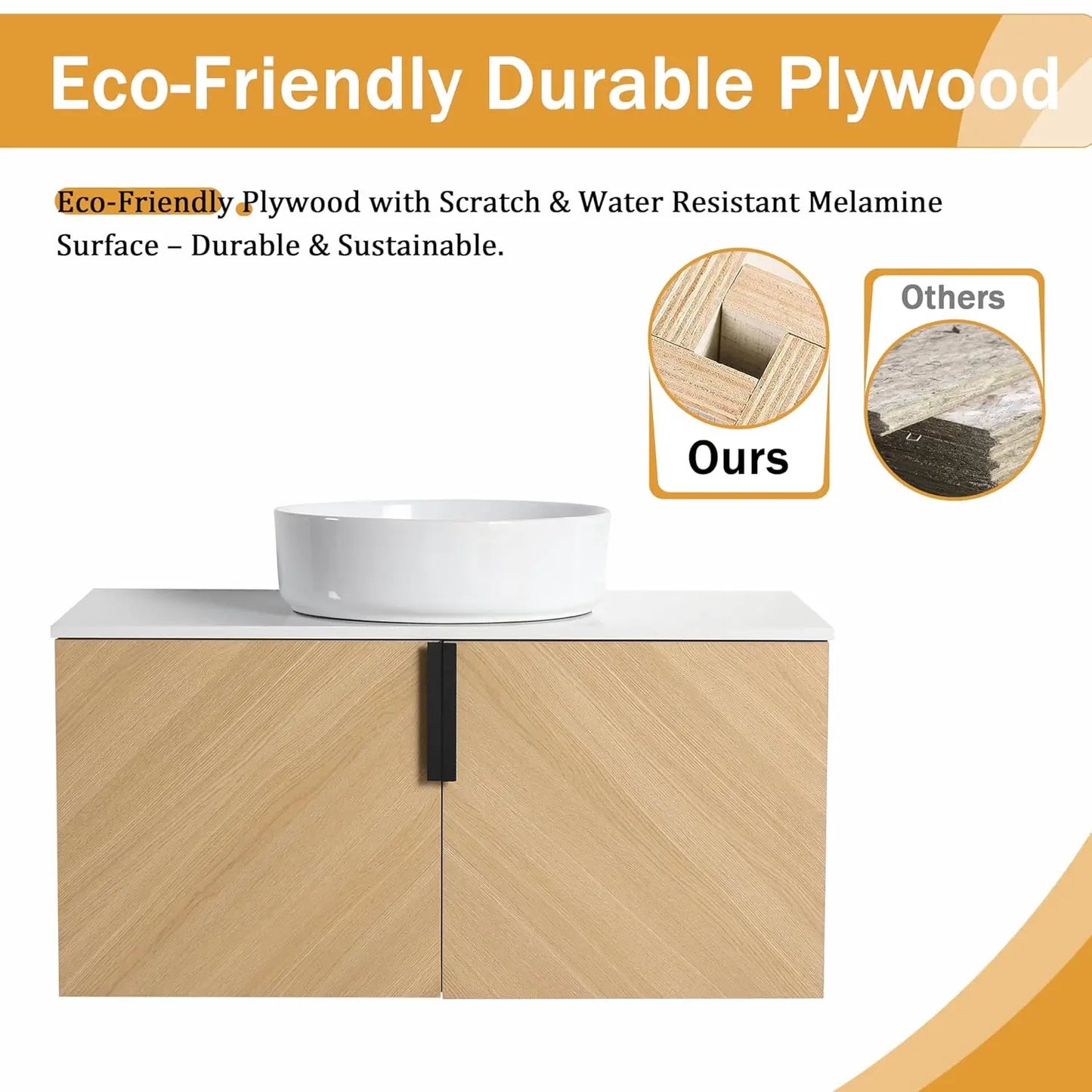36 Inch Floating Bathroom Vanity with Sink Top Combo, Wood Single Sink.