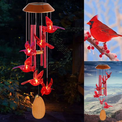 Solar Wind Chimes, Wooden Cardinal with Aluminum Tubes, Outdoor Garden Decor