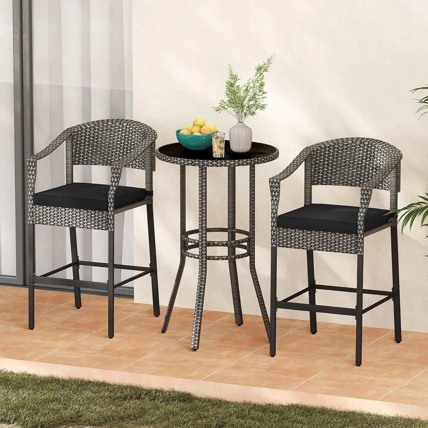 3-Piece Outdoor Bar Set - Patio Wicker Rattan Bar Height Barstools w/Cushions, Round Glass Top Table.